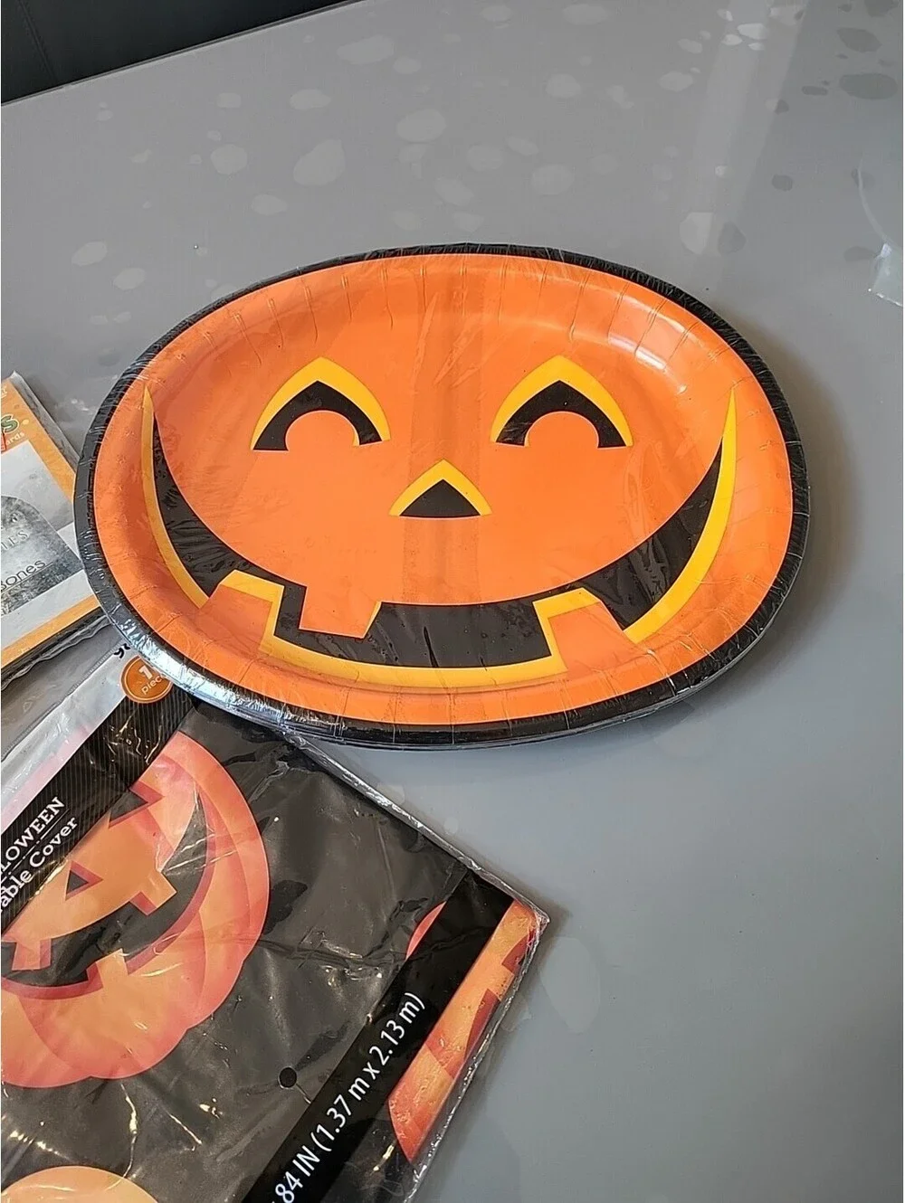 Vintage Party Set Lot Halloween Paper Plates, Tomb Names Napkins, Tablecloth NOS